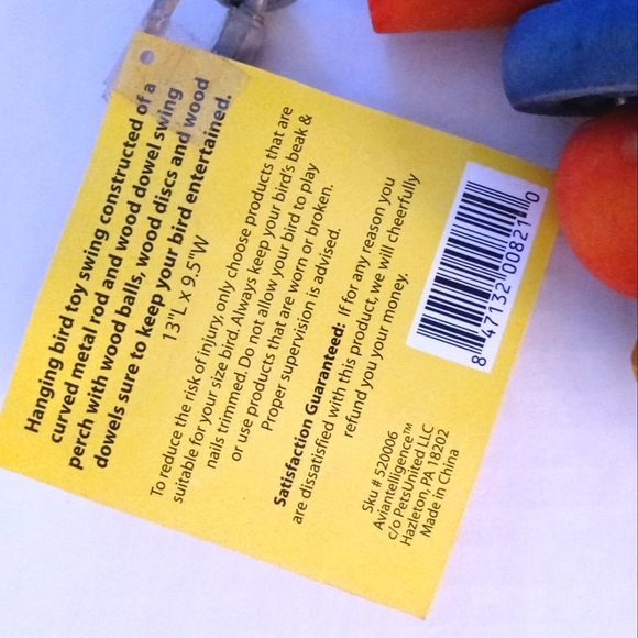 Large, BIRD Hanging Toy Swing, movable wood dowels. 13" H x 9.5 W & 3/4" Perch. - Picture 2 of 5